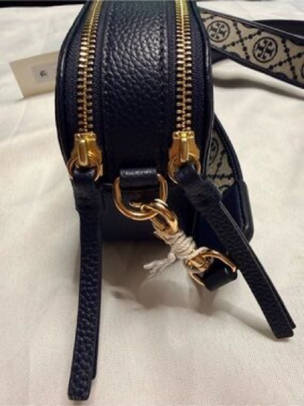 Tory Burch Black Pebbled Leather Crossbody with Logo Jacquard Strap - Picture 3 of 4